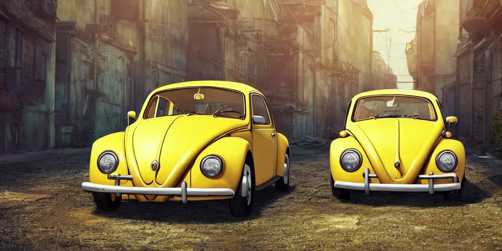 Prompt: a wholesome animation key shot of a focused old yellow beetle Volkswagen car parked in an abandoned alleyway, medium shot, waist up, studio Ghibli, Pixar and Disney animation, sharp, very detailed, high resolution, Rendered in Unreal Engine 5, anime key art by Greg Rutkowski, Bloom, dramatic lighting