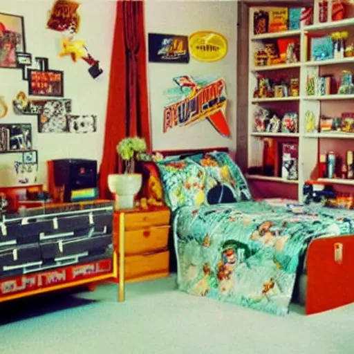 Prompt: 1990s Hi-8 footage of a nostalgic room decorated in Pop culture from the 1990s, nostalgic, vintage