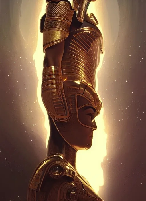 Image similar to Profile!! portrait of an egyptian god, sci-fi armour, tech wear, glowing lights!! sci-fi, intricate, elegant, highly detailed, digital painting, artstation, concept art, smooth, sharp focus, illustration, art by artgerm and greg rutkowski and alphonse mucha