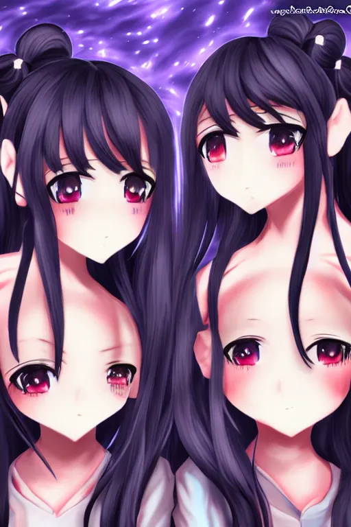 Image similar to two beautiful female idols with twintails facing each other, dark background, detailed anime art