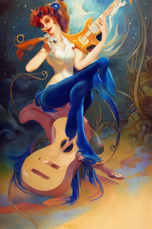 Image similar to sailor moon playing guitar by peter mohrbacher in the style of gaston bussiere, art nouveau