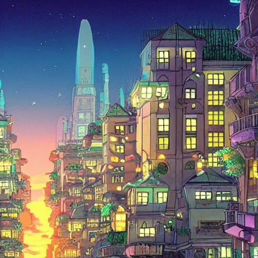 Image similar to a city at night, 4 k, studio ghibli