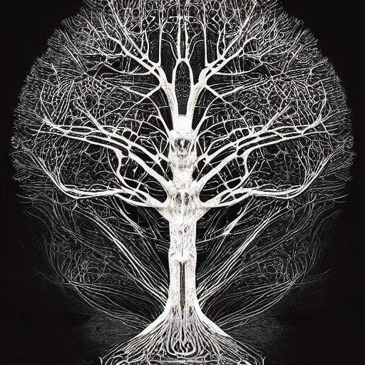 Image similar to the tree of knowledge, the tree of life, amazing art, organic complexity, digital art, incredible details, intrincate details, polygons, smooth network, by jackson pollock and hr giger