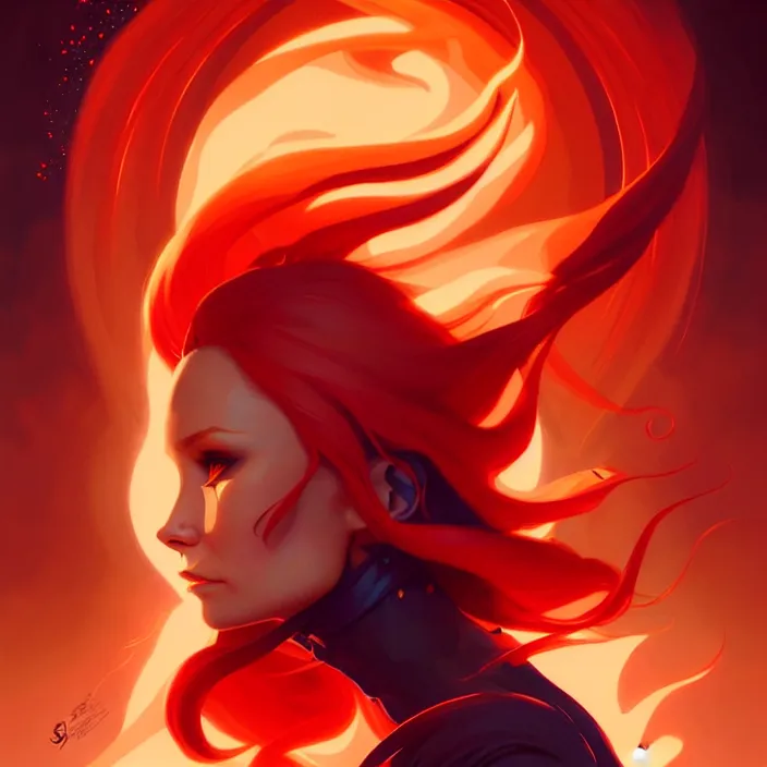 Image similar to style artgerm, joshua middleton, peter mohrbacher, beautiful kristen bell with dark red dress, very long orange hair, symmetrical face, symmetrical eyes, fire powers fire swirling, detailed, volcano setting, cinematic lighting