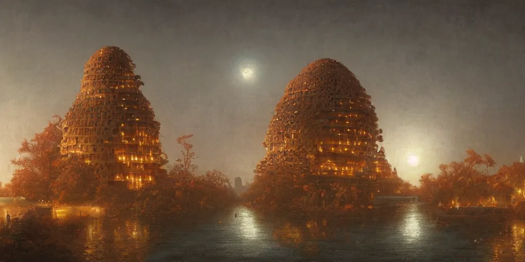 Image similar to An epic architectural rendering of a blob shaped trypophobia house with a mysterious red glow emitting from inside in a modern cityscape next to a river, by Martin Johnson Heade and Greg Rutkowski, stunning, gorgeous, golden ratio, photorealistic, featured on artstation, 4k resolution