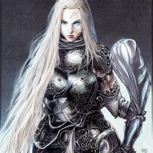 Prompt: character portrait of a girl with wavy white hair and black eyes in the style of yoshitaka amano drawn by alex maleev, highly detailed, elden ring armor