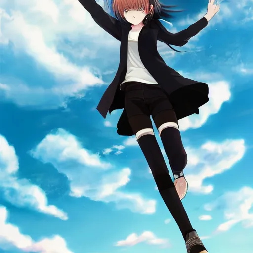 Image similar to 1 7 - year - old pale - skinned anime girl with black long bob cut, long bangs, black gothic jacket, black jeans, flying through sky, jumping through clouds, late evening, blue hour, cirrus clouds, pearly sky, ultra - realistic, sharp details, subsurface scattering, blue sunshine, intricate details, hd anime, 2 0 1 9 anime