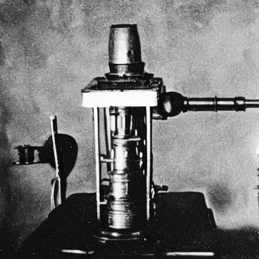 Image similar to grainy 1800s photo of a mechanical apparatus that is projecting a hologram of an artificial intelligence