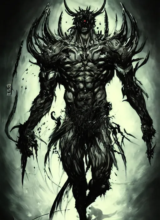 Image similar to A full body portrait of a scary demon with thousand eyes all over the body. In style of Yoji Shinkawa and Hyung-tae Kim, trending on ArtStation, dark fantasy, great composition, concept art, highly detailed.