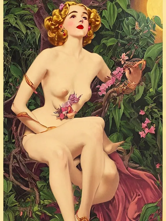 Image similar to kiernan shipka as the goddess Lilith mother of witches and vampires, a beautiful art nouveau portrait by Gil elvgren, moonlit lush jungle garden of Eden environment, centered composition, defined features, golden ratio, intricate gold jewlery