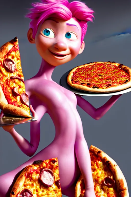 Image similar to pixar man with pink hair eating pizza | glamorous oily soft polished rich ornate modern | weta disney pixar movie still photo | hi - fructose, sci fi fantasy, smooth, octane render, sharp focus, artstation, concept art | artgerm, mucha, rutkowski, feng zhu, wlop, loish