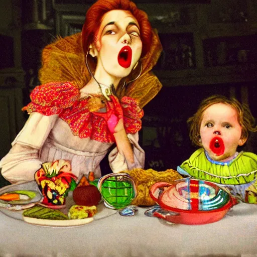 Prompt: hyper realistic hight detailed grandmother with a big mouth eating babies on the table in the russian kitchen, style by harry clarke, bright colors, 4 k, 1 6 k, 3 2 k