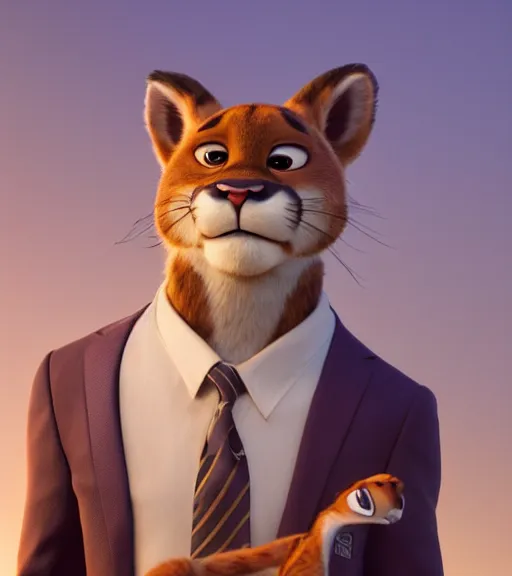 Image similar to a film still from the movie zootopia main character portrait anthro anthropomorphic mountain lion head animal person fursona wearing suit and tie pixar disney dreamworks animation sharp rendered in unreal engine 5 octane key art by greg rutkowski bloom dramatic lighting modeling expert masterpiece render