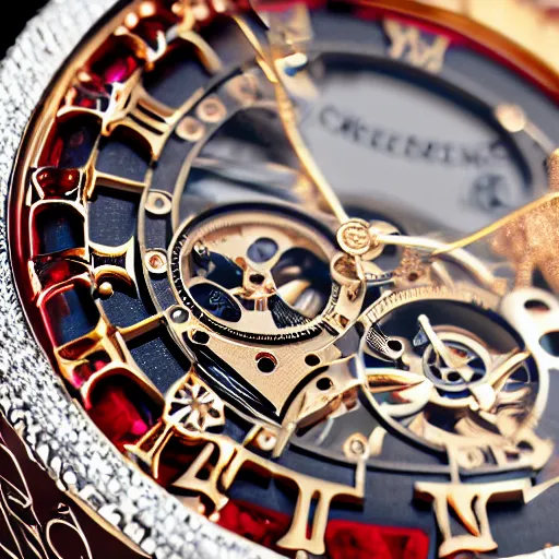 Prompt: skeletonized watch with rubies macro rendered intricate detail