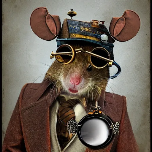 Image similar to a rat with steampunk googles, by Peter Holme III