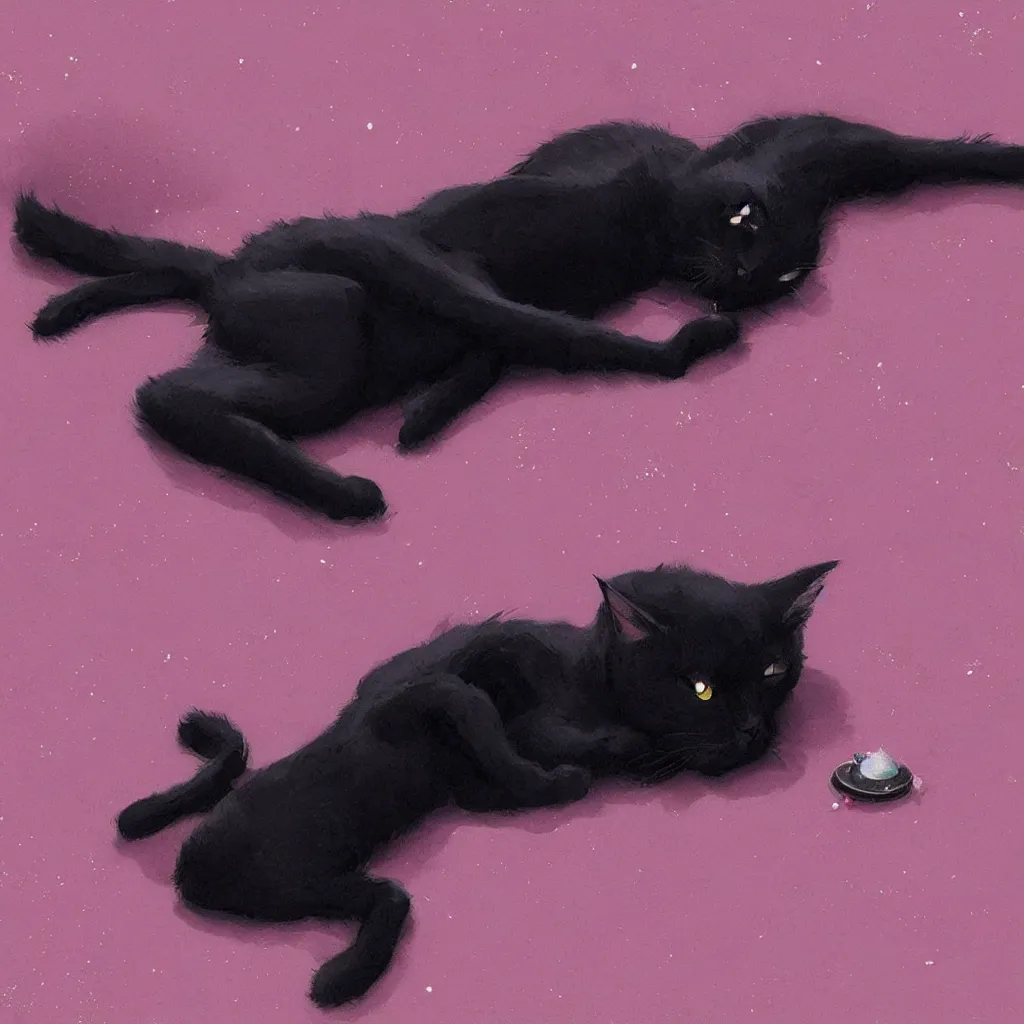 Prompt: black cat laying on a shiny bed on pink planet, concept art, by greg rutkowski