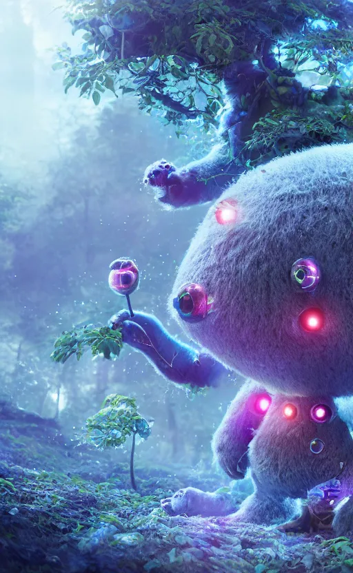 Image similar to microscopic tardigrades, magical forest, water bear, robots, electric, furry, soft, concept art, intricate details, highly detailed, photorealistic, disney pixar, octane render, iridescent, anime, 8 k