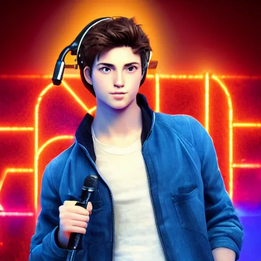Prompt: the handsome young lead singer of a boyband with sandy brown hair and blue eyes wearing a neon blue microphone headset posing on stage. concert. cinematic lighting. medium shot photorealistic. hyper realism. ray tracing hdr. intricate detailed masterpiece. by bouguereau and shigenori soejima. lifelike.