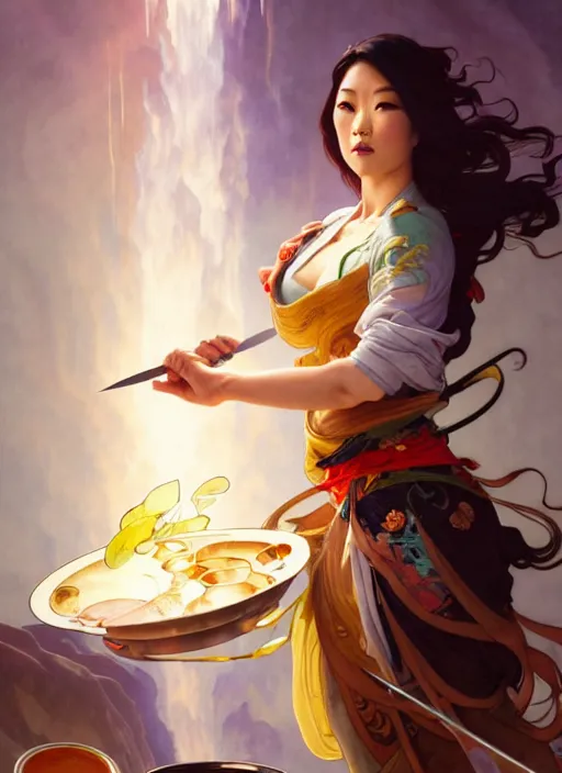 Prompt: arden cho as a chef, in a battle pose, holding magical kitchen knives, beautiful rivers of energy flowing in background, by peter mohrbacher and alphonse mucha and loish, 4 k, high resolution, intricate, hyperdetailed, photorealistic, artstation, smooth, sharp focus