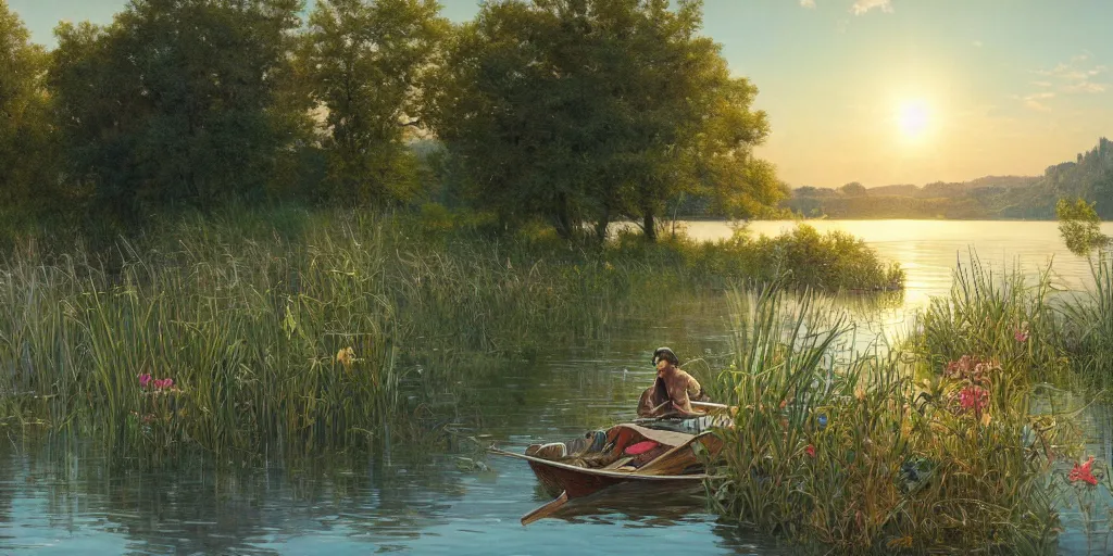 Prompt: a beautiful lake landscape in summer, romantic ambiente, boat, no people, tall grown reed on riverbank, no mountains, clear sky, sunshine, colorful, by Mohrbacher and Moebius and Alphonse Mucha and Roger Deakins, cinematic lighting, masterpiece, highly detailed, 8k resolution, trending on art station