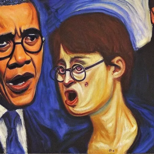 Image similar to obama and harry potter together shouting in unison on the scream edvard munch's painting, style of monet, museum masterpiece, worth a lot, sothebys