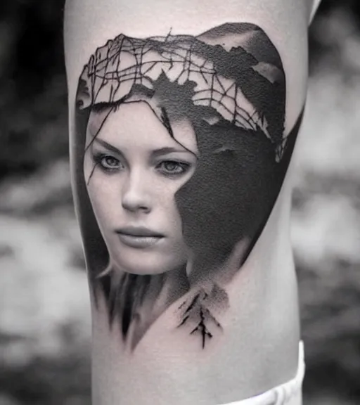 Image similar to a beautiful girl portrait in amazing nature and mountains, realism tattoo, in the style of den yakovlev, black and white, hyper realistic, highly detailed