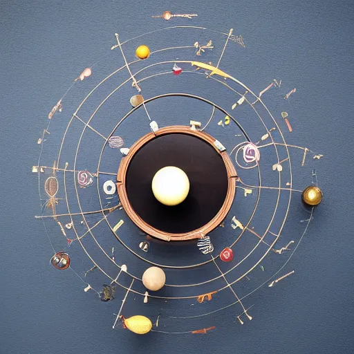 Image similar to a kinetic sculpture of this solar system, sun, mercury, venus, earth, mars, jupiter, saturn, uranus, neptune, pluto, orrery, canon 5 d 5 0 mm lens, papier - mache, studio, artificial intelligence