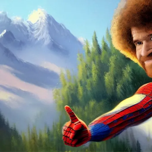 Image similar to a closeup photorealistic photograph of bob ross working on a canvas painting of spiderman. film still. brightly lit scene. mountains and trees. this 4 k hd image is trending on artstation, featured on behance, well - rendered, extra crisp, features intricate detail, epic composition and the style of unreal engine.