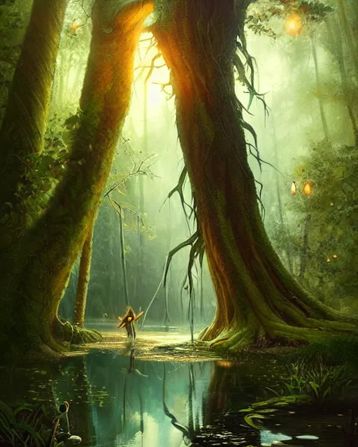 Image similar to a huge magical pond surrounded by a dense forest of crooked trees, roots reaching out to the water, fireflies, deep focus, d & d, fantasy, intricate, elegant, highly detailed, digital painting, artstation, concept art, matte, sharp focus, illustration, hearthstone, art by greg rutkowski and alphonse mucha and andreas rocha