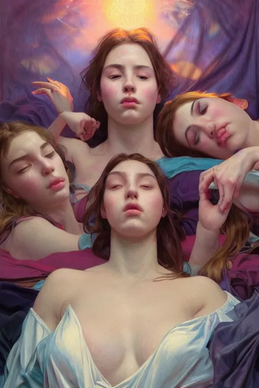 Prompt: three college girls rolling hard on ecstasy and tripping on lsd glistening with sweat on the bed amd hallucinating, realistic portrait, highly detailed, digital painting, artstation, concept art, smooth, sharp focus, illustration, cinematic lighting, art by artgerm and greg rutkowski and alphonse mucha