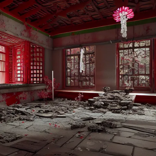 Image similar to destroyed old shintoist temple interior, detailed, jewelry, sakura,photograph, award wining, red and white, trending on artstation, 4k, unreal engine 5, octane render, neon highlights