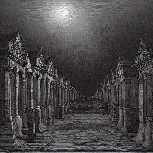 Prompt: nine steel barrels in a cemetery, creepy atmosphere, dark, realistic, illustration by gustave dore