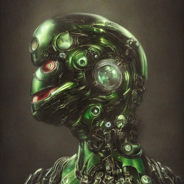 Image similar to portrait of a green Ultron from Age of Ultron, clockwork steampunk, head and chest only, by Beksinski, 4k, deviantart, trending on artstation