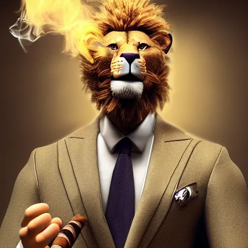 Image similar to a lion smoking a cigar wearing a suit, subject= lion, subject detail: wearing a suit, subject action: smoking a cigar, dramatic lighting, cinematic lighting, establishing shot, photorealistic, high details, cinematic, 8k resolution, extremly detailed, photorealistic, artstation, unreal engine