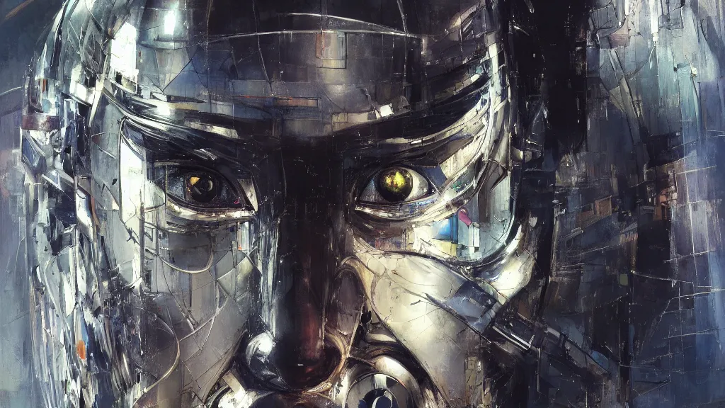 Prompt: a portrait of cyber - dog of sci fi metallic human by yoji shinkawa bright eyes, melancholic complex geometric figure liminal machinery by oskar schlemmer, moebius, john berkey, film grain, oil on canvas, portrait facial head, featured on artstation, hd wallpaper, 8 k