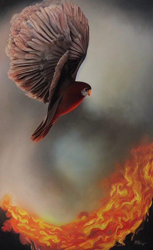 Prompt: an ultra fine detail painting of a round floating bird with a lot of smoke coming out of it, an airbrush painting by Ron English, by Marco Mazzoni, by Brian Despain, cgsociety, hyperrealism, airbrush art, hyper realism, oil on canvas, nuclear art, pop surrealism