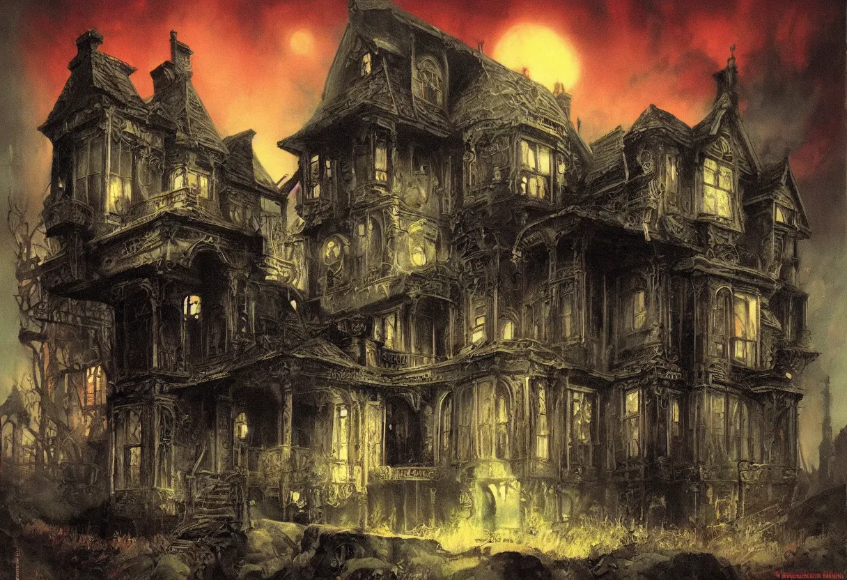 Prompt: eerie victorian house, colorfully ominous background, by rutkowsky and gerald brom and frazetta and rembrandt