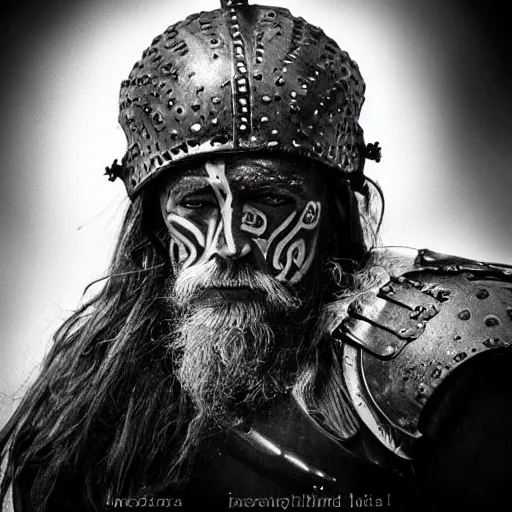 Image similar to viking in black body armour with black and white face painting, extremely detailed image from a film, full color