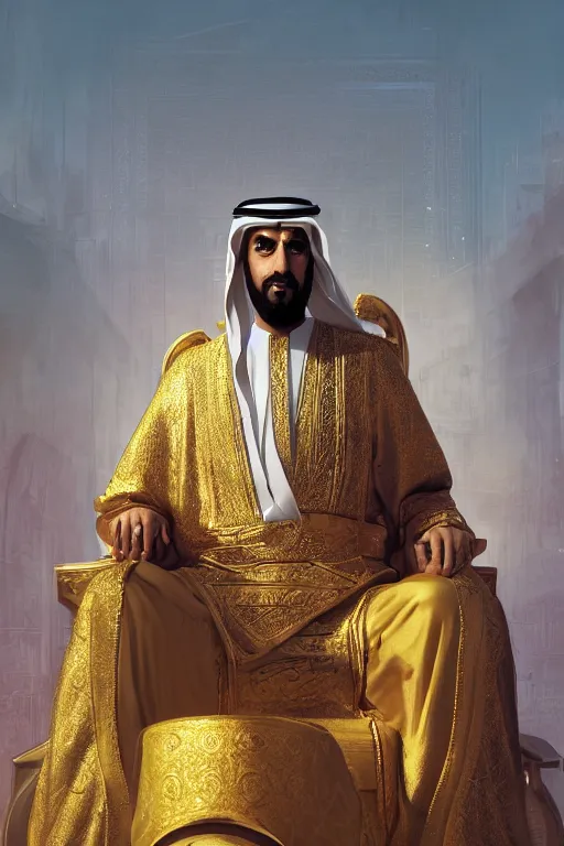 Image similar to portrait, Sultan of arabia on his golden throne, dynamic lighting, volumetric, bokeh, cinematic, establishing shot, extremly high detail, photo realistic, cinematic lighting, post processed, concept art, artstation, matte painting, style by eddie mendoza, raphael lacoste, alex ross