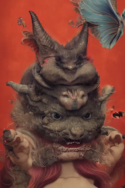 Image similar to a portrait of a cute japanese devil animal illustrated by miyazaki by karol bak, james jean, tom bagshaw, rococo, sharp focus, trending on artstation, cinematic lighting, hyper realism, octane render, 8 k, hyper detailed, vivid, ultra detailed, highly detailed