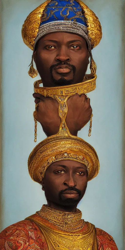 Prompt: a stunning and noble highly detailed romantic period style portrait of mansa musa by josep tapiro baro, trending on artstation, oil painting masterpiece, symmetry, mysterious, very very very aesthetic, african iconography