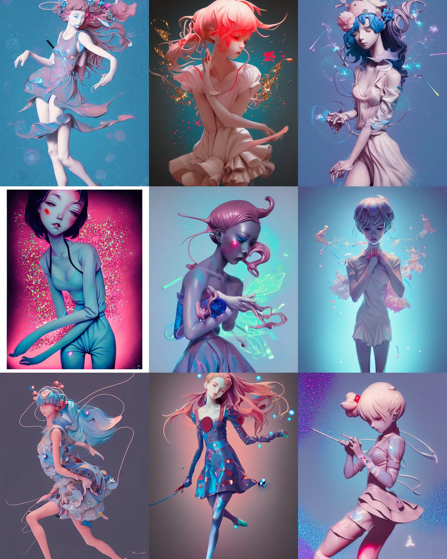Prompt: james jean isolated vinyl figure magical girl, expert figure photography, dynamic pose, interesting color palette material effects, glitter accents on figure, anime stylized, accurate proportions artgerm realism, high delicate defined details, holographic undertones, ethereal lighting, editorial awarded