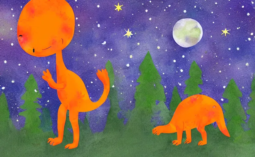 Image similar to a friendly orange dinosaur walking in the forest at night, moon, stars, water color, digital art