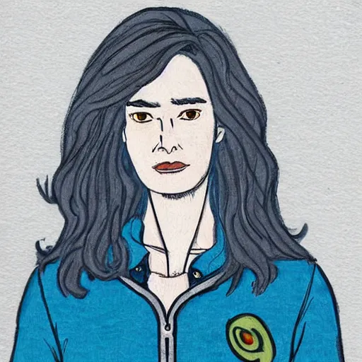 Image similar to portrait of lena headey as amelia from infinity train wearing a grey jumper and blue jeans, art by owen dennis,