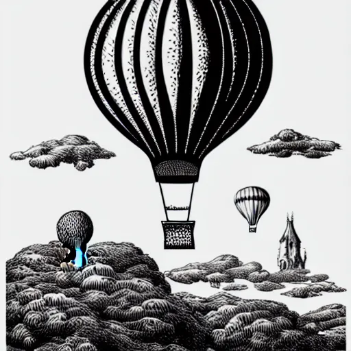 Prompt: a victorian air balloon over a fantasy landscape, sticker illustration by joe fenton , black and white, line art, thick strokes