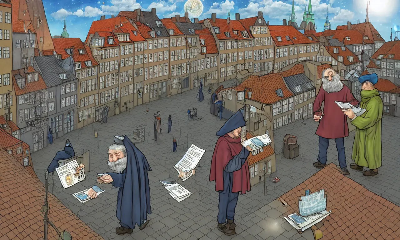 Prompt: hacker and wizard, roofs of copenhagen, presented faked service ticket, wizard reads a directory, nordic pastel colors, discworld marketsquare, 3 d art, digital illustration, perfect lighting