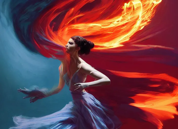 Image similar to a dancer wearing a flowing gown, engulfed in a whirling fire tornado firestorm, emitting smoke and sparks, fantasy, cinematic, fine details by realistic shaded lighting poster by ilya kuvshinov katsuhiro otomo, magali villeneuve, artgerm, jeremy lipkin and michael garmash and rob rey