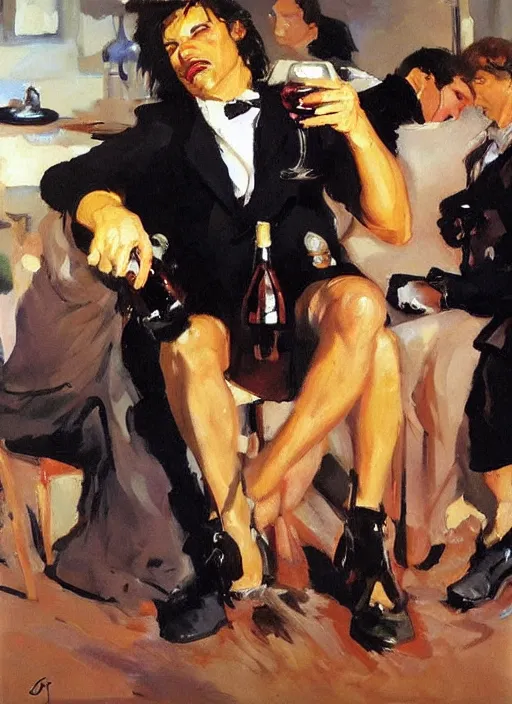 Prompt: glam rocker drinking brutal and raw wine with his friends by joaquin sorolla, phil hale, greek style