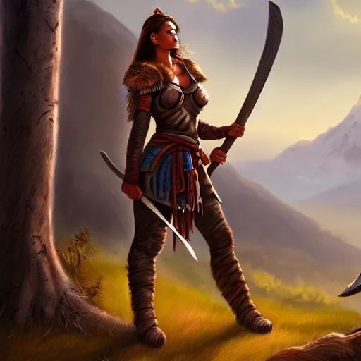 Image similar to a warrior woman in rests an axe on her shoulder, she is grabbing a nearby tree, looking onto the horizon, next to her is a wolf companion, fall, mountain landscape, portrait by magali villeneuve, 4 k, artstation, realistic, magic the gathering