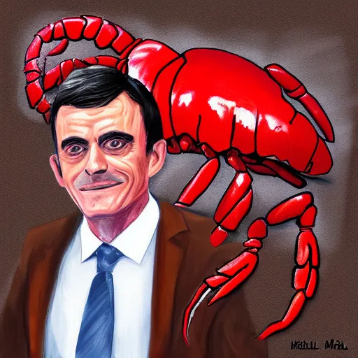 Prompt: Manuel Valls disguised in lobster, digital painting